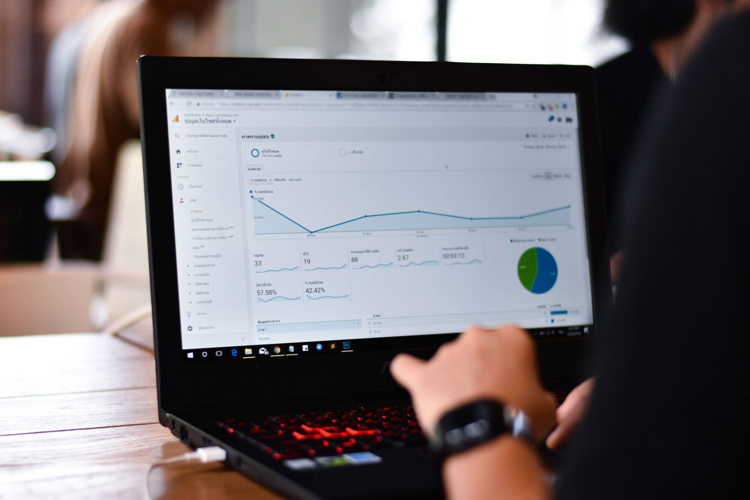 Visualisatie van een laptop waarop een analytisch scherm te zien is.